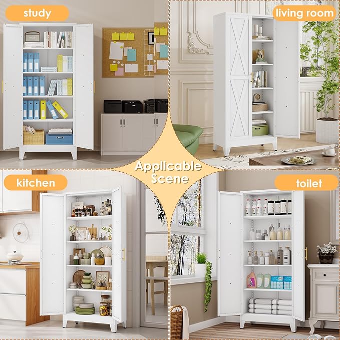 71" H Metal Kitchen Pantry Storage Cabinet, Freestanding Cupboard with 2 Doors and 4 Adjustable Shelves, Standing Storage for Kitchen, Bathroom, Garage, Dinning Room or Utility Room(White)