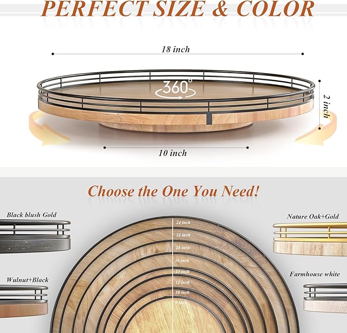 18" Lazy Susan Oak Wood Turntable Organizer for Cabinet, Farmhouse Round Wooden Large Lazy Susan Organization and Storage for Dining Table, Pantry, Kitchen, Countertop, Cupboard, Home Decor