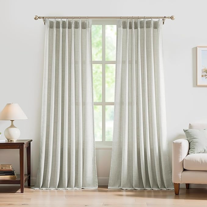 FMFUNCTEX Pinch Pleated Curtains 84 Inches Long for Living Room,Cream Beige Semi Sheer Faux Linen Textured Pleat Drapes for Bedroom with Hooks, Light Filtering Farmhouse Window Drapes 2 Panels