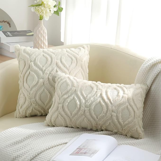 decorUhome Fall Throw Pillow Covers 18x18 Inch Set of 2, Soft Plush Decorative Faux Fur Beige Solid Couch Pillow Covers, Accent Farmhouse Neutral Square Euro Pillow Cases for Sofa Bed Living Room