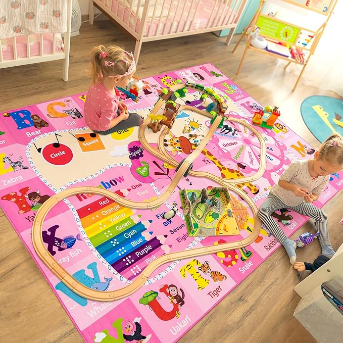 Kids Rugs for Playroom Bedroom Classroom Nursery, Non-Slip and Washable Rugs for Children Toddlers Girls, Educational and Fun Rug Carpets with ABC Alphabet Animals Shapes, 7x10, Pink