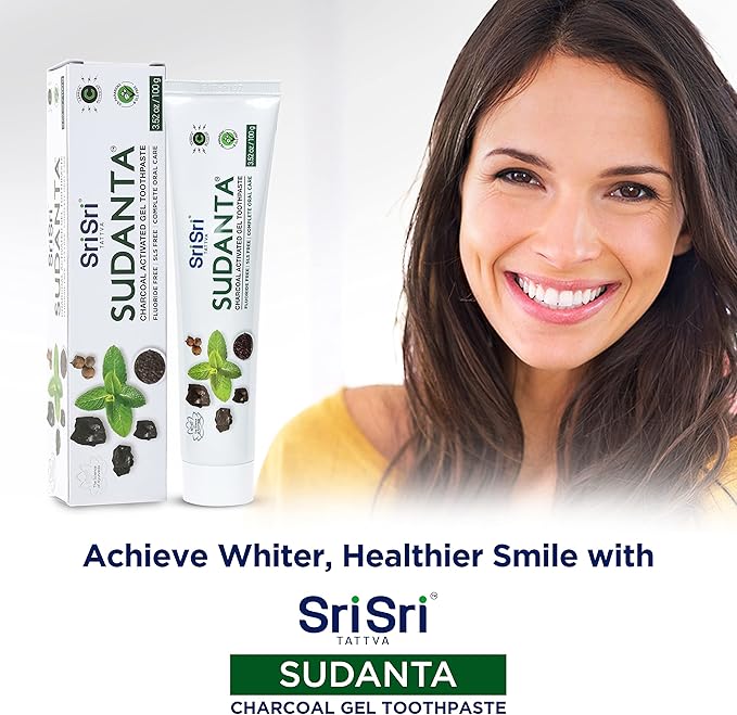 Sri Sri Tattva Sudanta Charcoal Toothpaste Gel – SLS, Fluoride Free Herbal Toothpaste with Neem & Ayurvedic Herbs – Natural Teeth Whitening, Fresh Breath, Oral & Gum Health – 100g Tube (Pack of 1)