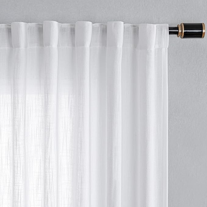 MYSKY HOME Patio White Curtains for Sliding Door, Living Room Curtains & Drapes Soft Cotton Farmhouse Window Treatments 90 inch Length 1 Panel Set Linen Look Semi Sheer Draperies, 100" W x 90" L