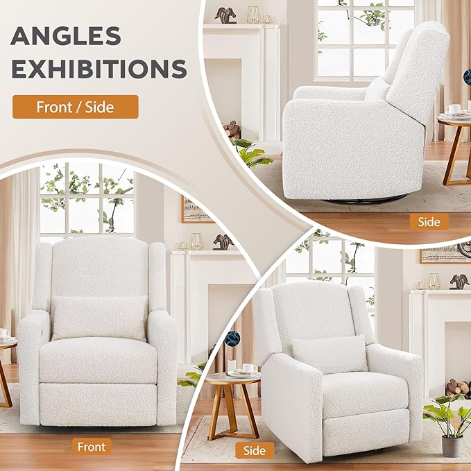 Power Recliner Chair Swivel Glider, Large Rocker Recliner w/USB Charging Port, Boucle Upholstered Swivel Rocker Glider Recliner for Nursery,Bedroom,Living Room,Set of 2,Cream
