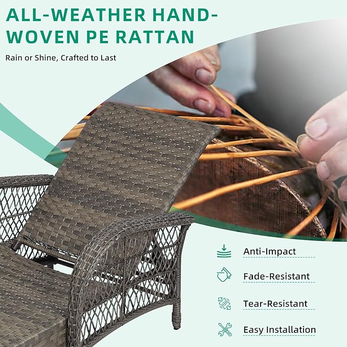 VIVIJASON Outdoor Wicker Chaise Lounge Chair Set of 2, All-Weather PE Rattan Cushioned Patio Lounger Chairs, 6-Position Adjustable Outside Pool Sunbathing Recliner with Armrest & Pillow, Gray