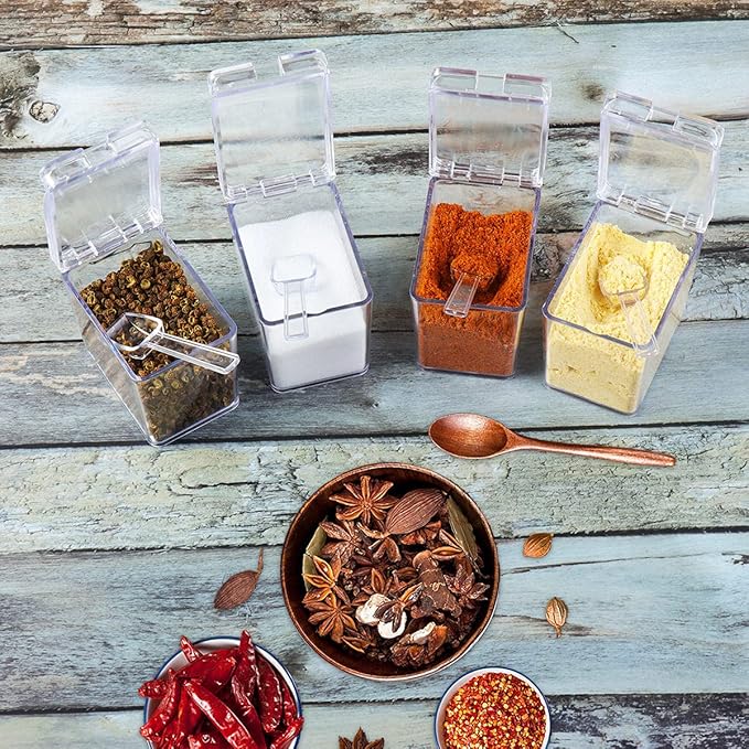 XIUDI Clear Seasoning Rack Spice Pots-4 Pieces Clear Seasoning Storage Container for Spice Salt Sugar Cruet.Acrylic Seasoning Box, Cruet with Cover and Spoon