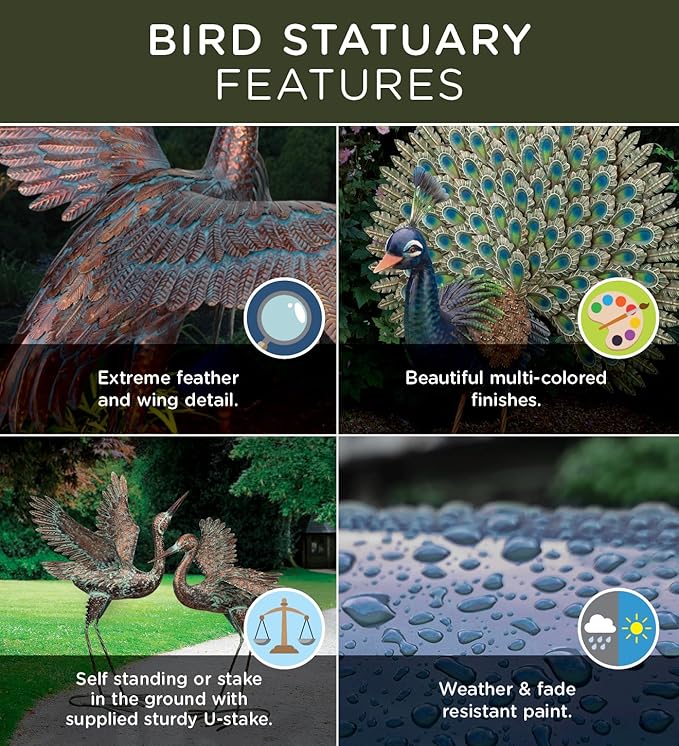 Regal Art & Gift Outdoor Garden Décor, Unique Bird Sculpture, Rustic Metal Bird Statues, Garden Ornaments, Bird Figurine for Lawn, Decorative Sculpture, Heron, Blue, Wings Down, 41"height