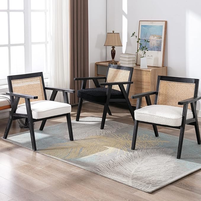 Accent Rattan Chairs Set of 2, Faux Fur Upholstered Living Room Chairs with Cane Back, Retro Mid Century Modern Cane Chair Armchair for Reception Reading Indoor Outdoor, Black