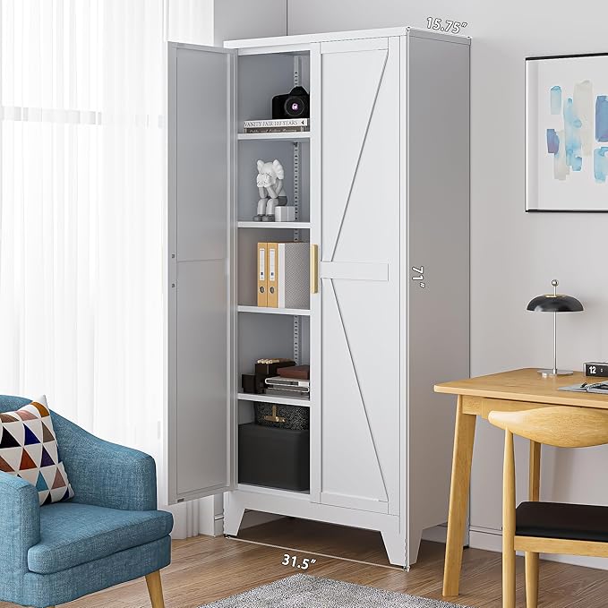 71'' Farmhouse Metal Storage Cabinet with Barn Doors,Steel File Cabinet for Home Office,Kitchen Pantry 4 Adjustable Shelves,Freestanding Cupboard for Kitchen,for Home Office,School (White)