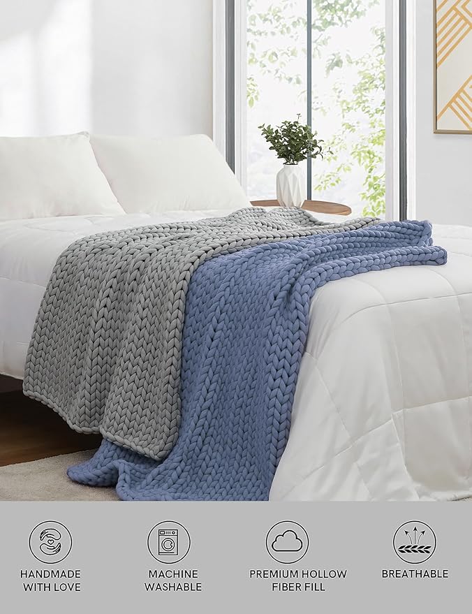 YnM Chunky Throw Blanket, Medium-Weight, Hand Knitted, Skin Friendly, Ventilated and Breathable, Machine Washable, Home Décor Piece for Couch, Sofa and Bed (Cerulean Blue, 60x80 Inch)