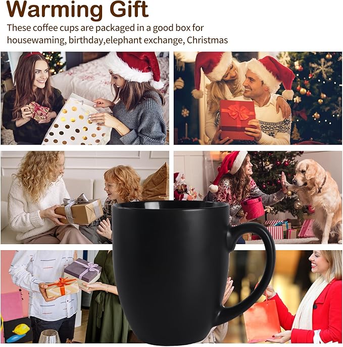 16 OZ Black Stoneware Mugs Set of 6, Large Ceramic Coffee Cups with Handle, Porcelain Mugs for Latte, Milk, Tea and Juice