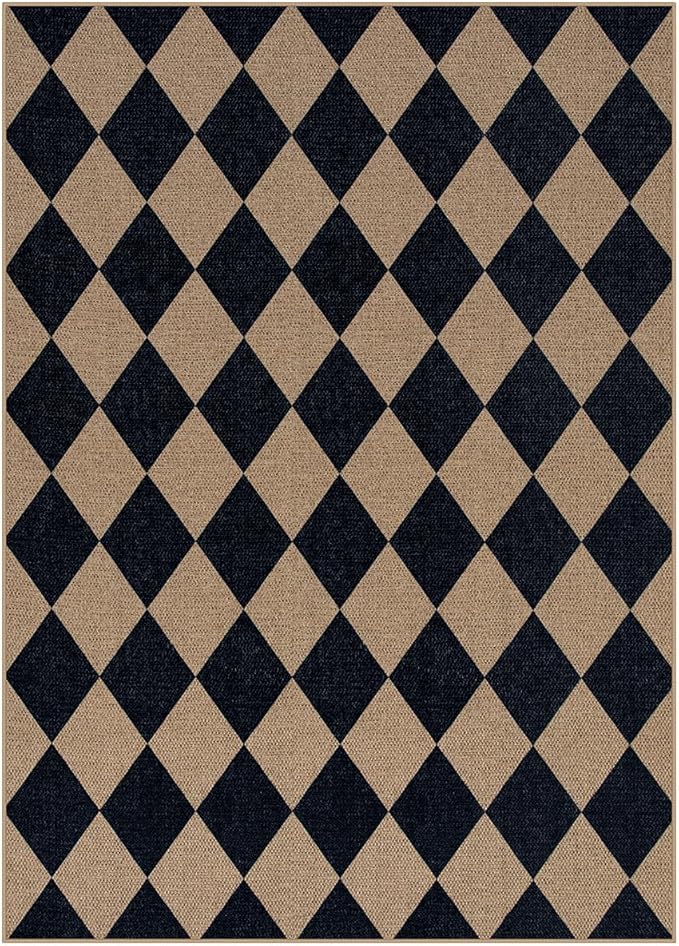 Lahome Checkered Easy Jute Outdoor Rug, 5x7 Area Rugs for Living Room Nature Large Dining Room Carpet, Farmhouse Outdoor Patio Non Slip Diamond Carpet for Home Office Bedroom Backyard Deck