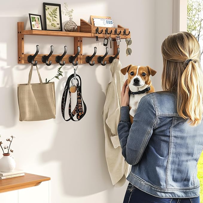 29" Coat Rack Wall Mount with Shelf, 4 in 1 Wall Mounted Coat and Key Hanger with 11 Hooks, Entryway Key Holder with Mail Holder for Living Room, Bedroom