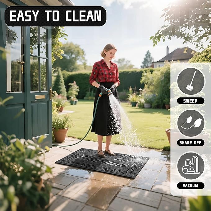 Yimobra Welcome Mat, Heavy Duty Sturdy Door Mats for Home Entrance Outdoor Indoor, Front Doormat for Outside Patio Floor Entry Porch Garage Office, Waterproof, Low Profile, 47 x 24, Black Grey