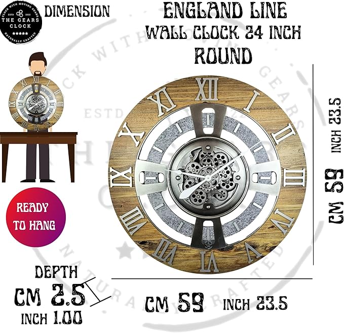 The Gears Clock Real Moving Gear Wall Clock England Line (Silver Grey, 24 inches (60 cm))