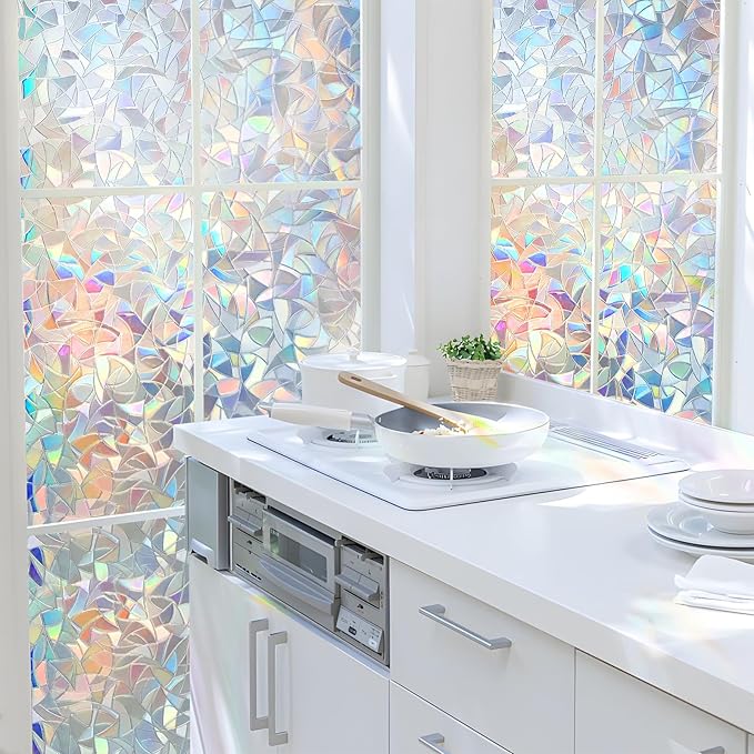 HIDBEA Window Privacy Film Static Clings, Rainbow Window Film, 3D Decals Non-Adhesive Window Vinyl Film for Home Door, 17.3 Inch x 6.5 Feet