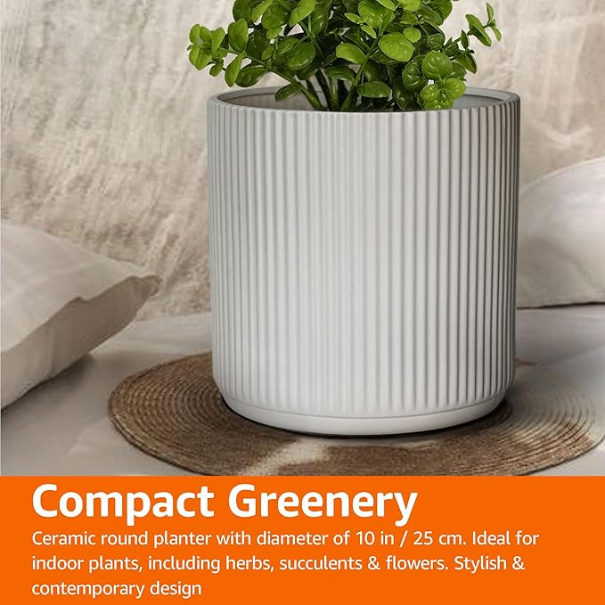 Amazon Basics Fluted Ceramic Round Planter, 10 in, White
