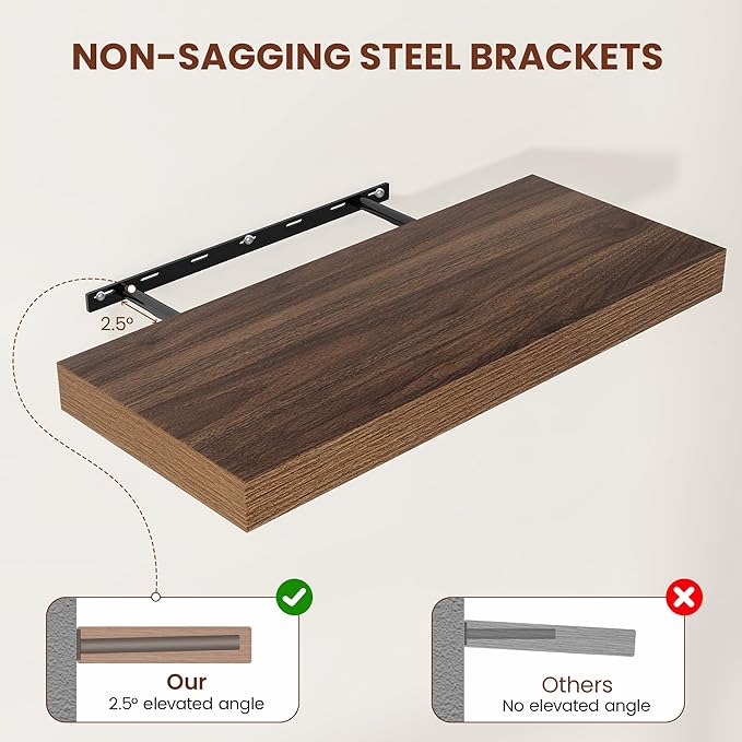 Wide Floating Shelves for Wall 12 Inch Deep, 36" X 12" X 2" Floating Shelf, 2 Inch Thick Shelf for Bathroom Bedroom Kitchen Book Room, Heavy Duty 65lbs Shelves for Farmhouse Decor Set of 2, Walnut
