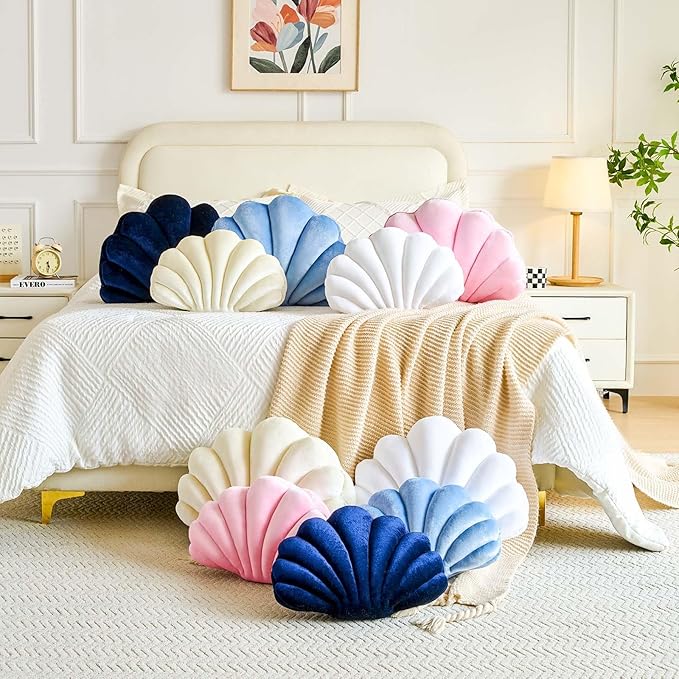 Navy Blue Seashell Throw Pillows, Shell Shaped Throw Pillows, 13 Inch Soft Velvet Home Decorative Pillow Plush Cushion for Bed Couch Living Sofa Room Decor Accent Throw Pillow