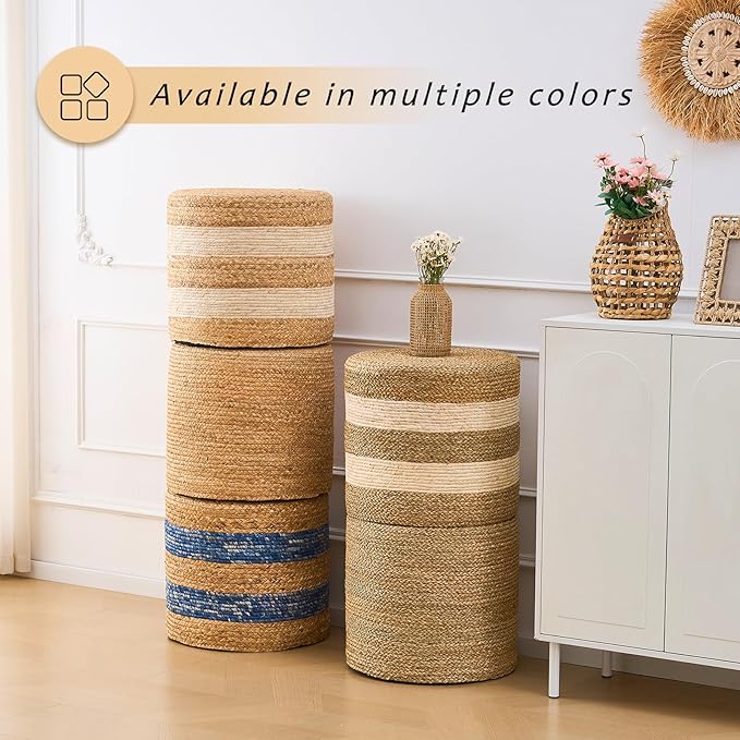 Handwoven Ottoman Pouf, Natural Seagrass Footstool, Round Braided Outdoor Seat with Sturdy Frame, Boho Accent Stool for Patio, Balcony, or Garden (Seagrass White)
