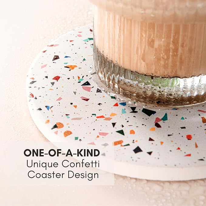 Terrazzo Drink Absorbent Coasters with Holder Set of 6, Ceramic Coaster for Drinks, Coffee Table Decor, Water Absorbing Stone Coaster for Drinks (Confetti)