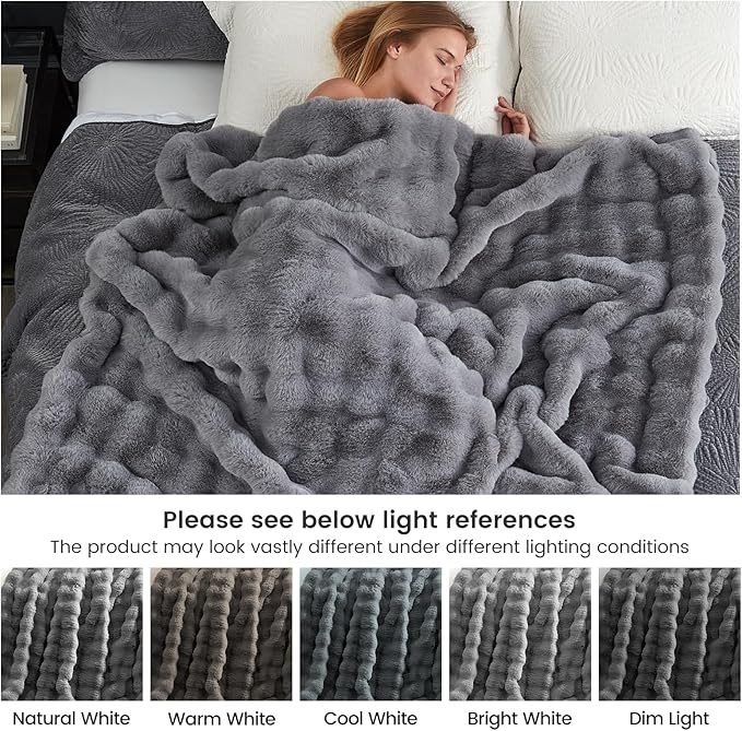 Cozy Bliss Faux Fur Throw Blanket for Couch, Fuzzy Soft Plush Thick Bubble Blanket for Sofa Bedroom Living Room, 60 * 80 Inches Light Grey