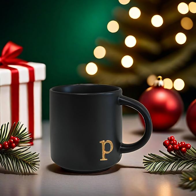COLLECTIVE HOME - Black Monogram Ceramic Mugs, 15 oz Golden Initial Coffee Cups, Elegant Alphabet Tea Mugs, Personalized Halloween Mug with Gift Box, Perfect for Office and Home Décor (p)