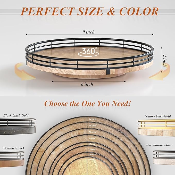 9" Oak Wood Lazy Susan Turntable Organizer for Cabinet, Round Wooden Farmhouse Lazy Susan Organization and Storage for Dining Table, Pantry, Kitchen, Countertop, Cupboard,Home Decor