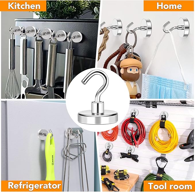 MIKEDE Magnetic Hooks Heavy Duty, 150LB+ Strong Neodymium Magnets with Hooks for Refrigerator, Large Magnetic Hooks with Epoxy Coating for Hanging, Home, Workplace - 10 Pack