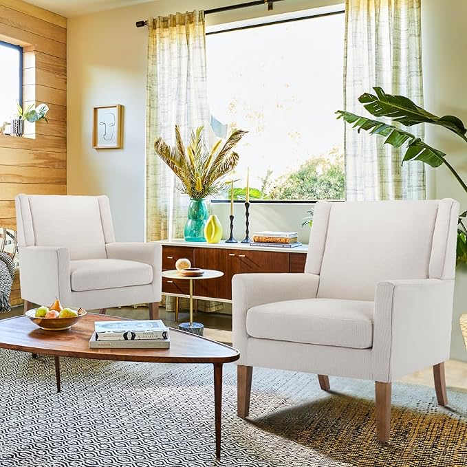 COLAMY Modern Wingback Living Room Chair Set of 2, Upholstered Fabric Accent Armchair, Single Sofa Chair with Lounge Seat and Wood Legs for Bedroom/Office/Reading Spaces, Beige