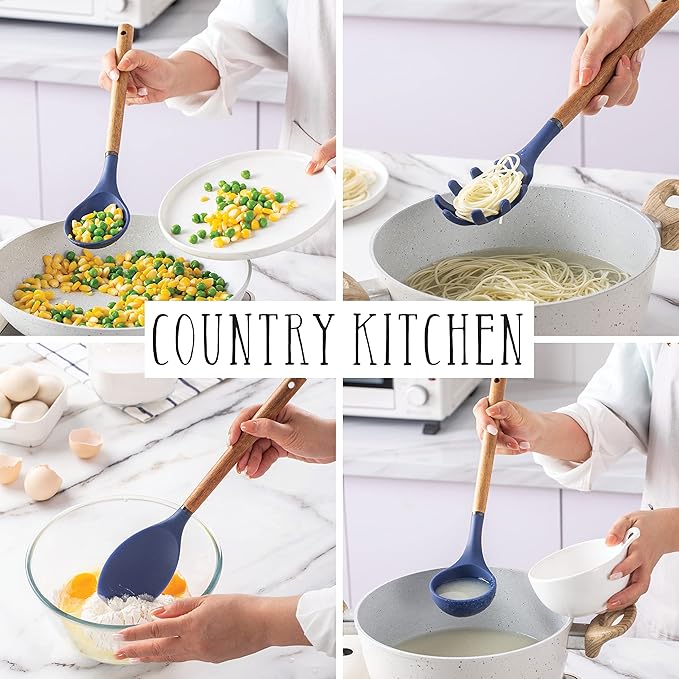 Country Kitchen Non Stick Silicone Utensil Set with Rounded Wood Handles for Cooking and Baking, 8 Piece Set, Navy