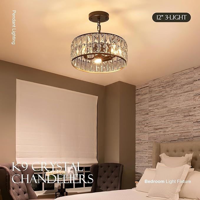 12” 3-Light Modern Crystal Chandeliers Black Dinning Room Light Fixture, Round Pendant Light Kitchen Island Chandelier, Flush Mount Ceiling Light for Living Room Entryway Bedroom Foyer
