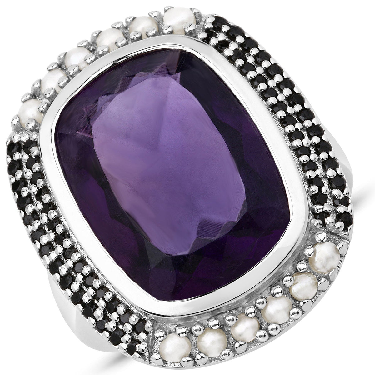 Bague en argent sterling 925 avec améthyste véritable de 9,59 carats, perle et spinelle noire