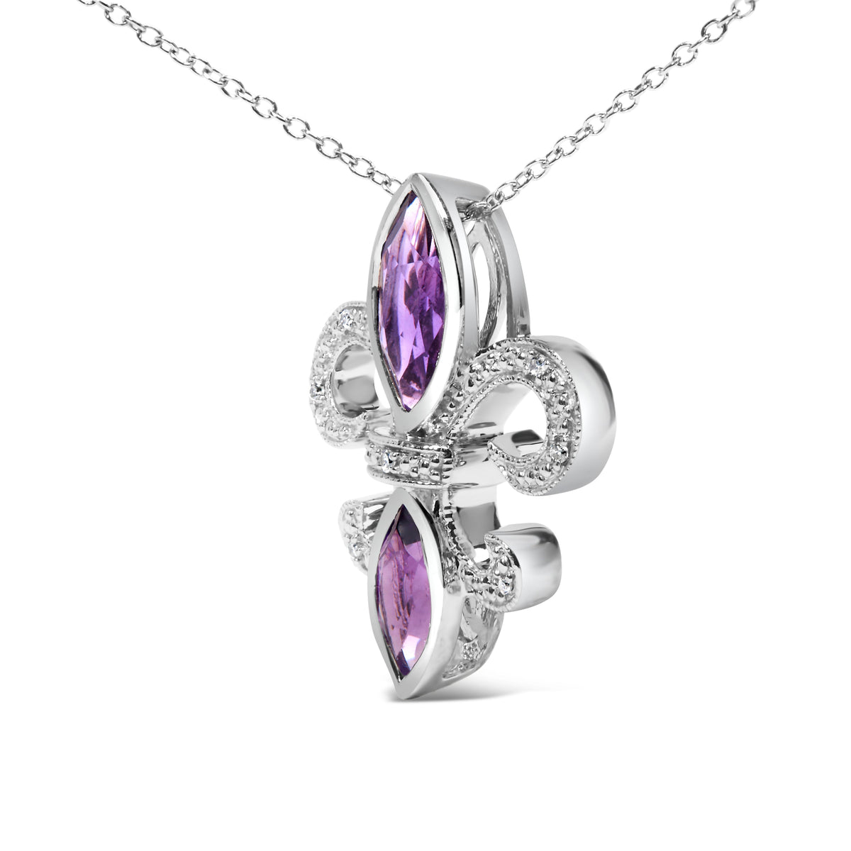 Collier pendentif fleur de lys en argent sterling .925 avec améthyste mauve marquise et accent diamant (couleur H-I, clarté SI1-SI2) - Taille 18"