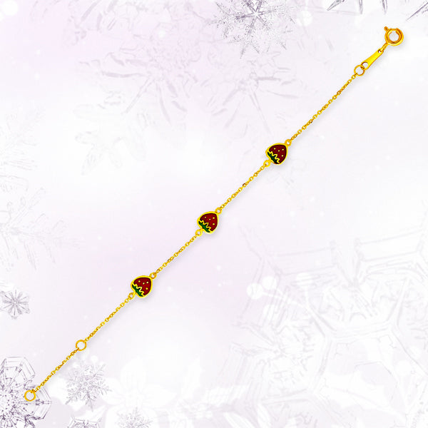Bracelet enfant en or jaune 14 carats de 5 1/2 pouces avec fraises émaillées