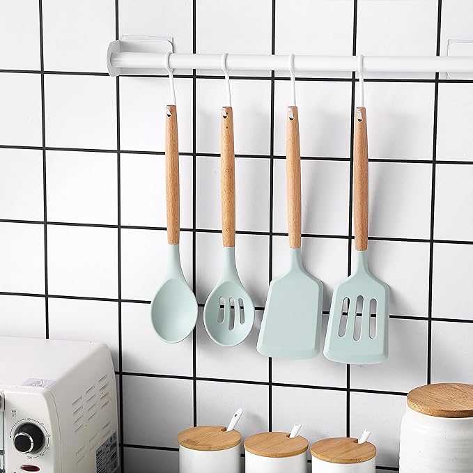 Country Kitchen Non Stick Silicone Utensil Set with Rounded Wood Handles for Cooking and Baking, 14 Piece Set, Mint