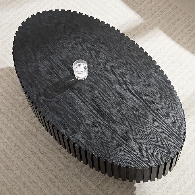 Oval Coffee Table for Living Room, Modern Fluted Coffee Tables with Pedestal Base, Handcrafted Centre Tea Tables Easy Assembly-43.7" Black