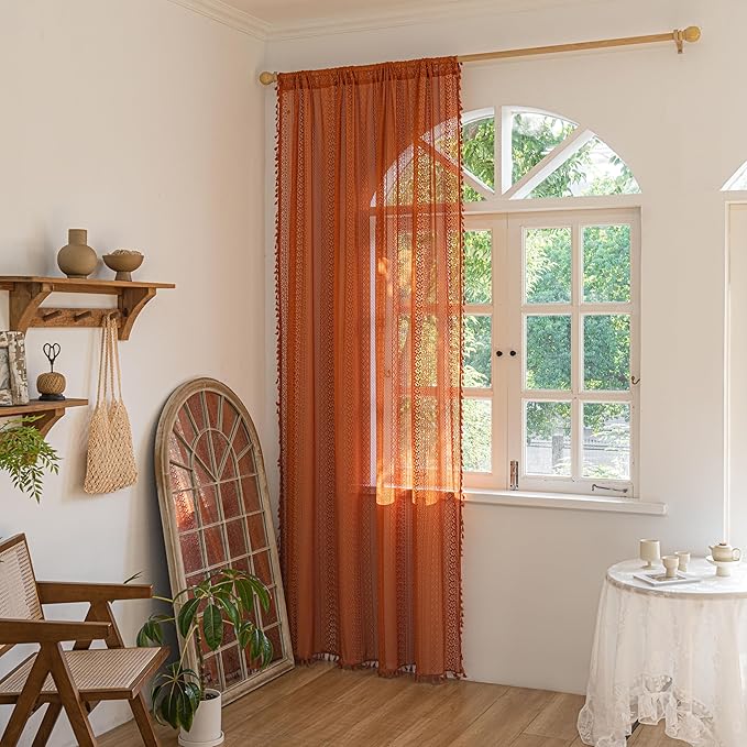 Sutuo Home Boho Curtains 72 inches Long for Bedroom Living Room, Crochet Cotton Lace Sheer Bohemian Hollow Knitted with Tassels,Window Treatment Drapes, Rod Pocket 1 Panel 59" W x 72" L,Burnt Orange
