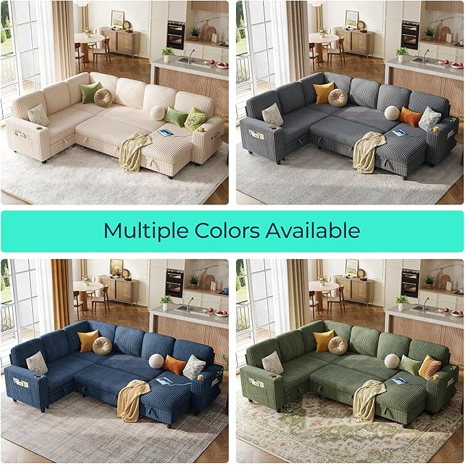 LINSY HOME Sectional Sleeper Sofa with Pull Out Couch Bed - Convertible Plush Corduroy Cloud Couch with Storage Chaise & USB Charging, Comfy Modular Couches for Living Room, Grey