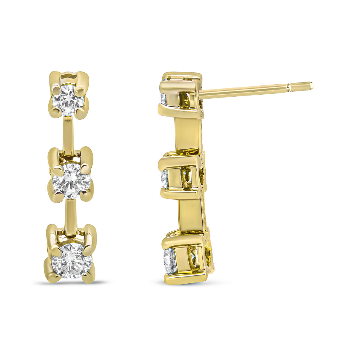 Boucles d'oreilles clous linéaires dégradées en or jaune 14 carats et diamants ronds 1/2 carat, 3 pierres, passé, présent et futur (couleur H-I, pureté SI1-SI2)