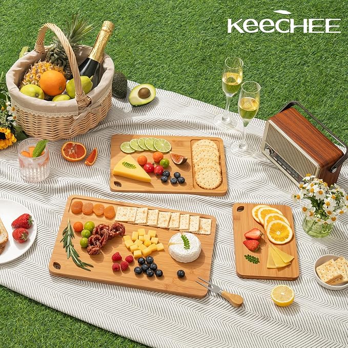 Wood Cutting Board for Kitchen - Reversible Bamboo Cutting Boards Gift Set of 3 with Juice Groove, Wooden Chopping Board for Meat, Fruit, Vegetables & Cheese (Pre Oiled, Natural)