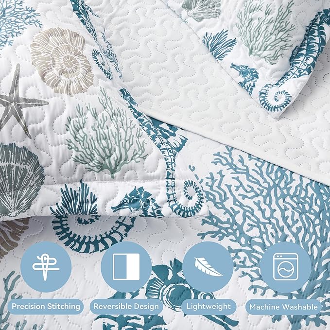 Coastal Bedding California King Size Coastal Quilt with 2 Shams, Nautical Beach Comforter Sets Ocean Bedspreads Blue Seahorse Coverlet Summer Bedding, 106''x118''