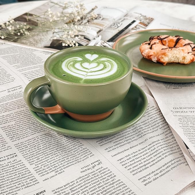 Mora Ceramic Latte Art Mug With Saucer - 10.5 oz, Round Bottom For Perfect Pours - Cafe Cups for Cappuccino, Espresso, Coffee, Tea etc - Porcelain Set for Baristas, Great Gift - Moss Green