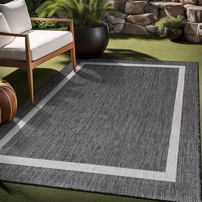 Bordered Outdoor Rug 5x7 Washable Outside Carpet for Indoor Patio Porch Waterproof Easy Cleaning Non Shedding Area Rugs Gray 5 x 7