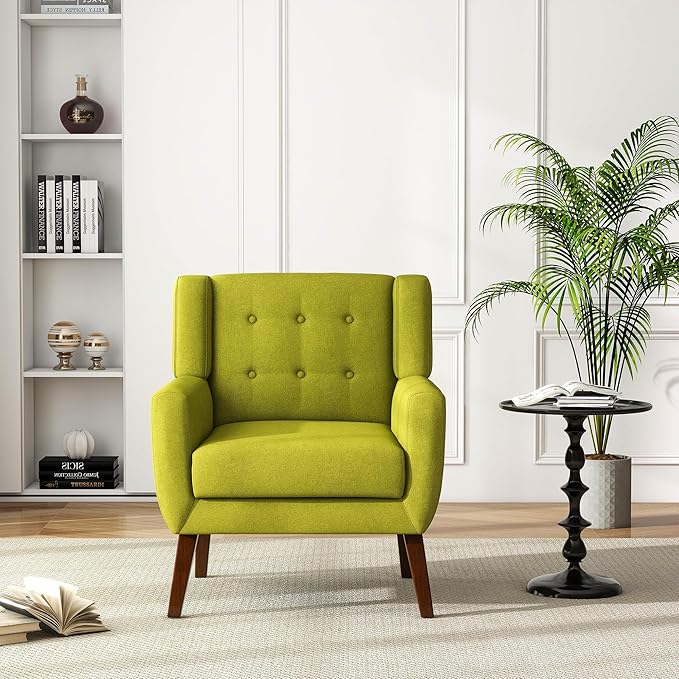 UIXE Accent Chair, Modern Upholstered Armchair in Fabric for Living Room, Comfy Club Arm Chairs Single Sofa Button Tufted Bedroom Reading Seat - Green, Set of 4