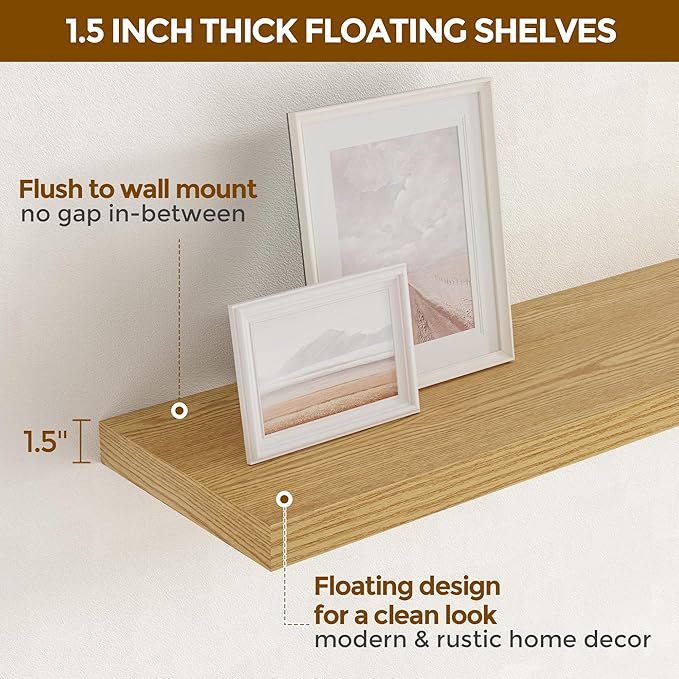 55 Inch Floating Shelves Set of 2, Rustic 55 x 9 Floating Shelf for Wall, 9 Inch Deep Wall Shelves Invisible Bracket, Large Deep Shelving for Bedroom, Kicten, Living Room, Oak Color