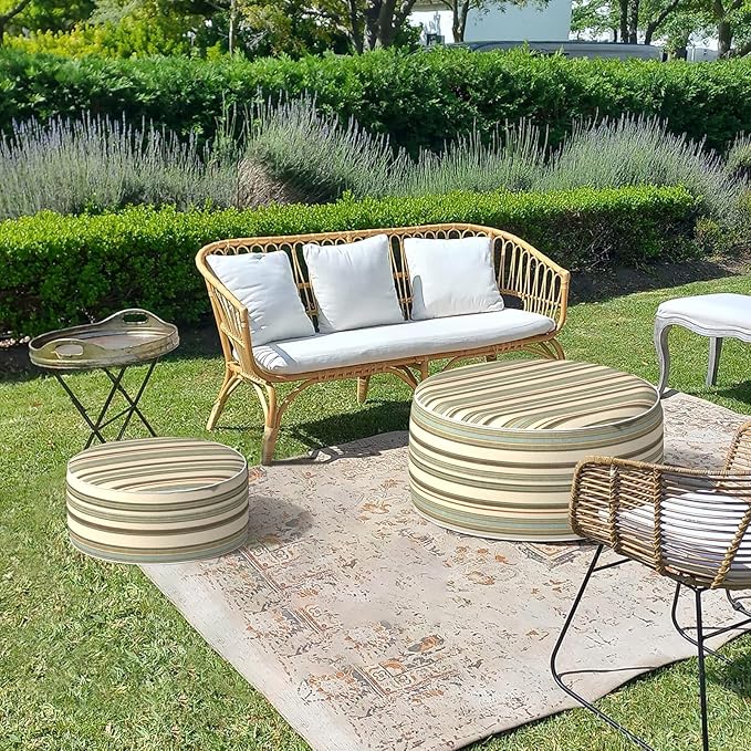 LVTXIII Outdoor Inflatable Ottoman, Fade-Resistant Round Footrest Stool D31”x H14”, Portable Patio Pouf for Garden Camping or Home Use, Stripe Onyx
