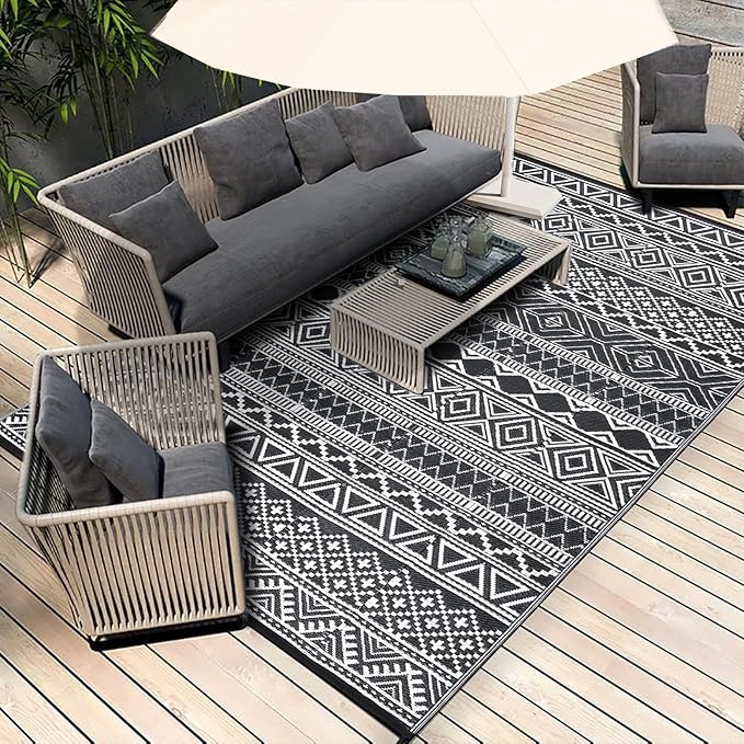 GAOMON Outdoor Plastic Straw Rug, 10'x14' Reversible Sage Green Patio Mat, Flower Modern Design for RV, Backyard, Deck, Camping, Picnic, Black/White(Bohemia)