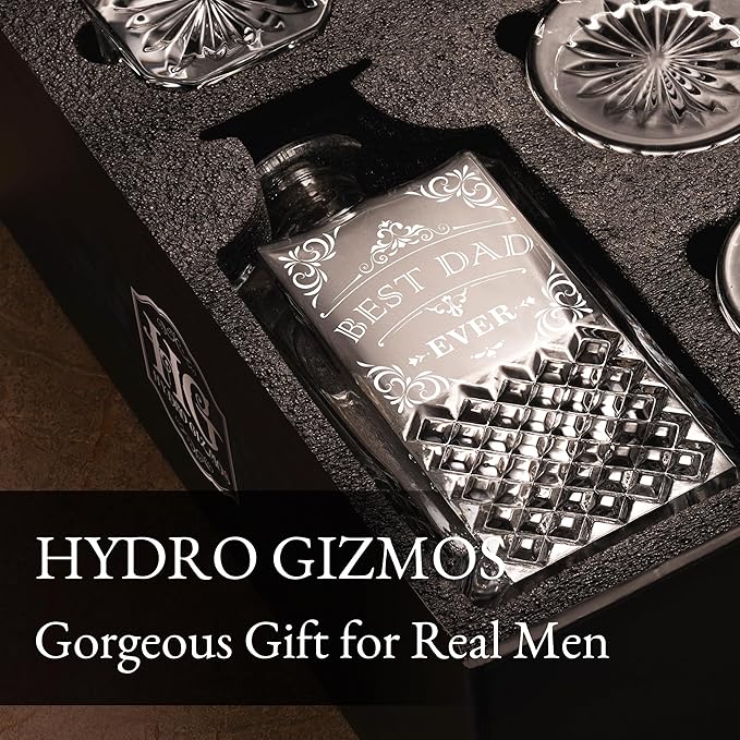 Luxury Gift For Men - Best Dad Ever - Unique Engraved Whiskey Decanter Set For Beloved Dad Christmas or Birthday Gift – 4 Whiskey Glasses And Decanter Set Is a Great Gift Idea for Whisky, Bourbon