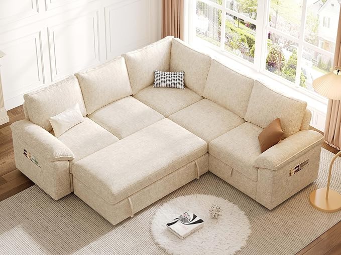 85 Inch Sectional Sleeper Sofa with Pull Out Bed,L Shaped 5 Seat Modular Sectional Sofa with Storage,Sectional Couches for Living Room,Cloud Modular Couch,Removable Sofa Cover,Beige